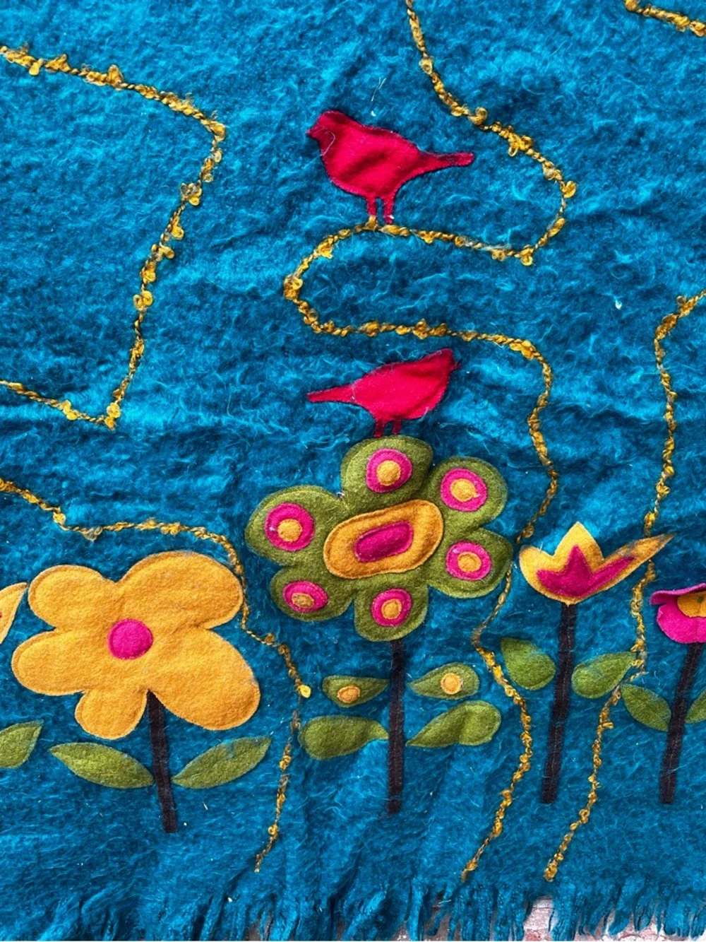 Vintage Teal Wool Floral Felted Throw with Red Birds